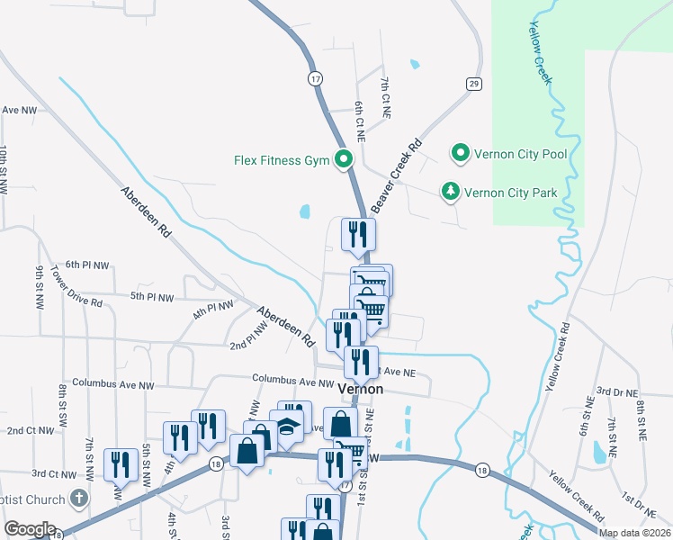 map of restaurants, bars, coffee shops, grocery stores, and more near 186 Boman Avenue Northwest in Vernon