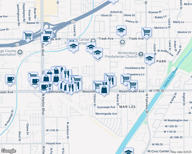map of restaurants, bars, coffee shops, grocery stores, and more near 12512 Tours Avenue in Garden Grove