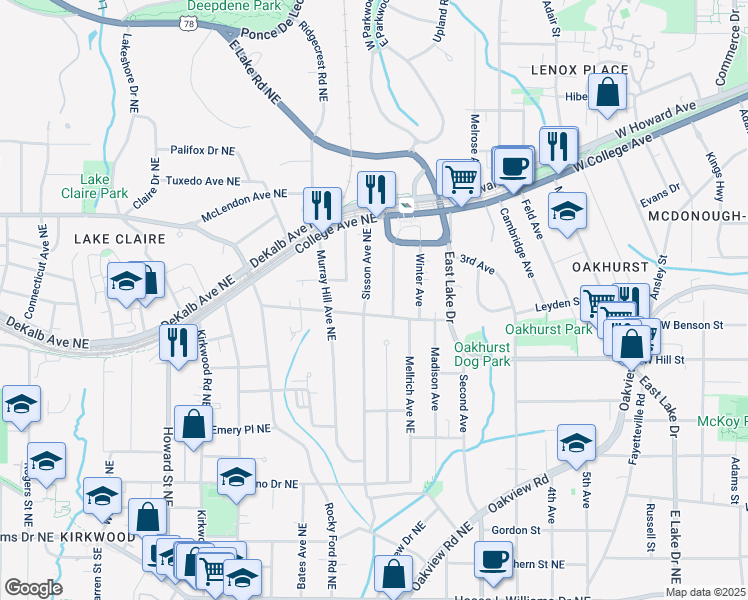 map of restaurants, bars, coffee shops, grocery stores, and more near 301 Sisson Avenue Northeast in Atlanta