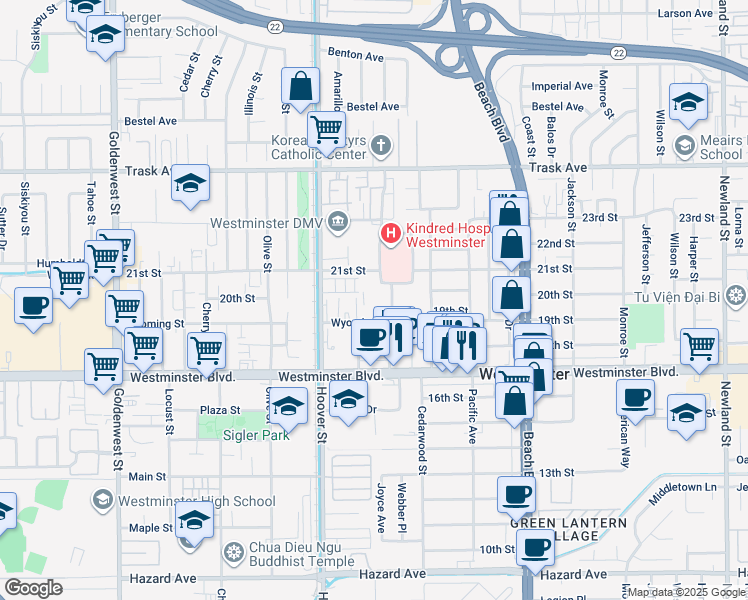 map of restaurants, bars, coffee shops, grocery stores, and more near 7631 Wyoming Street in Westminster