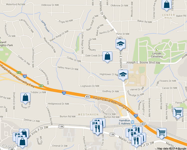 map of restaurants, bars, coffee shops, grocery stores, and more near 257 E Simon Terrace Northwest in Atlanta