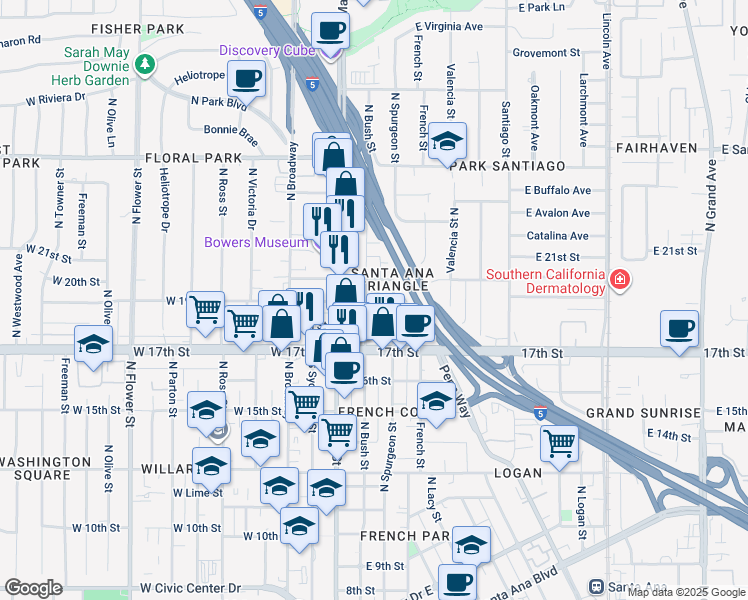 map of restaurants, bars, coffee shops, grocery stores, and more near 1900 North Spurgeon Street in Santa Ana