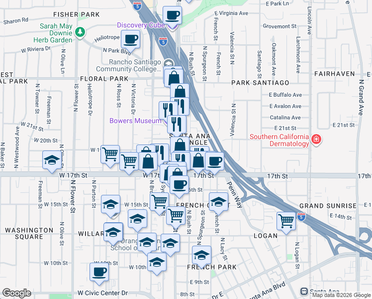 map of restaurants, bars, coffee shops, grocery stores, and more near 1903 North Main Street in Santa Ana