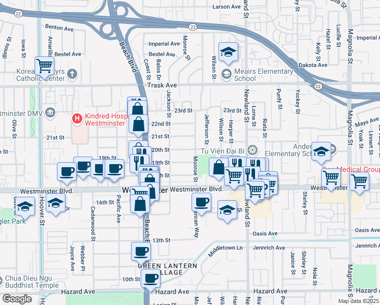 map of restaurants, bars, coffee shops, grocery stores, and more near 8232 20th Street in Westminster