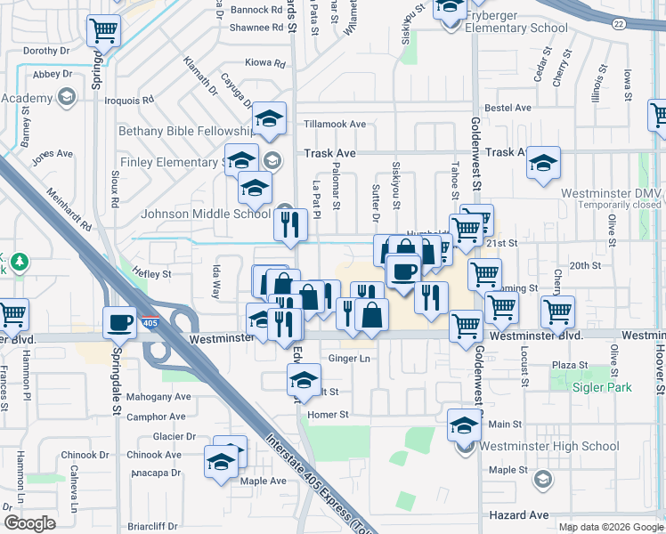 map of restaurants, bars, coffee shops, grocery stores, and more near 13772 La Pat Place in Westminster