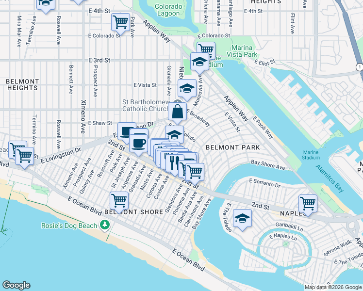 map of restaurants, bars, coffee shops, grocery stores, and more near 243 Covina Avenue in Long Beach