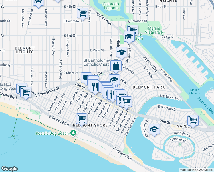 map of restaurants, bars, coffee shops, grocery stores, and more near 234 Nieto Avenue in Long Beach