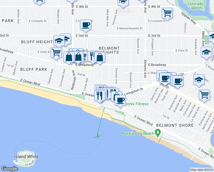 map of restaurants, bars, coffee shops, grocery stores, and more near in Long Beach