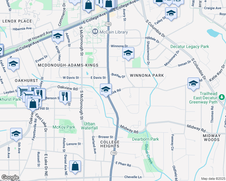 map of restaurants, bars, coffee shops, grocery stores, and more near 320 Kirk Road in Decatur