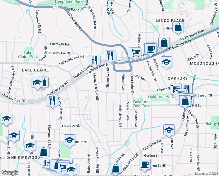 map of restaurants, bars, coffee shops, grocery stores, and more near 301 Sisson Avenue Northeast in Atlanta