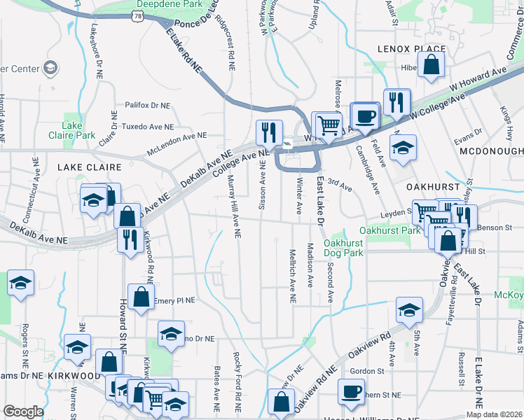 map of restaurants, bars, coffee shops, grocery stores, and more near 304 Sisson Avenue Northeast in Atlanta