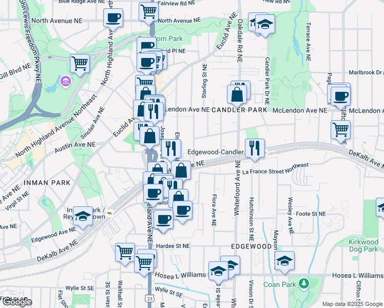 map of restaurants, bars, coffee shops, grocery stores, and more near 1300 DeKalb Avenue Northeast in Atlanta