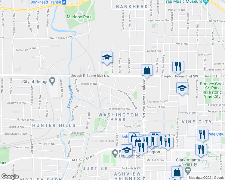 map of restaurants, bars, coffee shops, grocery stores, and more near 1070 Mayson Turner Road Northwest in Atlanta