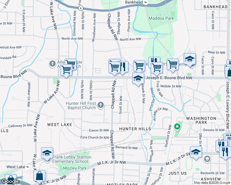 map of restaurants, bars, coffee shops, grocery stores, and more near 250 Chappell Road Northwest in Atlanta