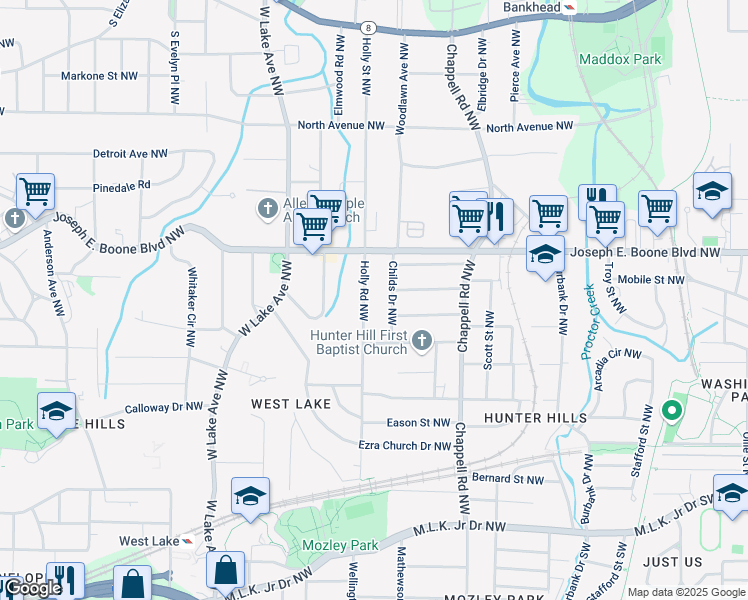 map of restaurants, bars, coffee shops, grocery stores, and more near 235 Holly Road Northwest in Atlanta
