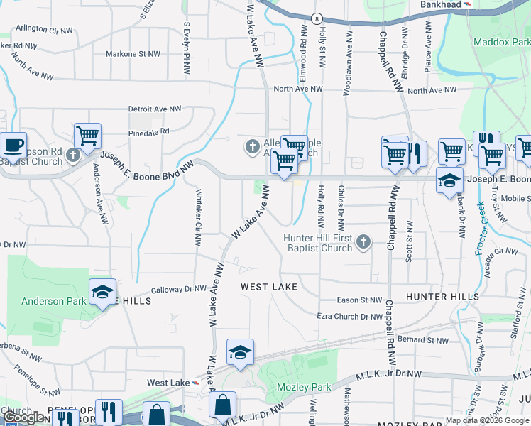 map of restaurants, bars, coffee shops, grocery stores, and more near 263 West Lake Avenue Northwest in Atlanta