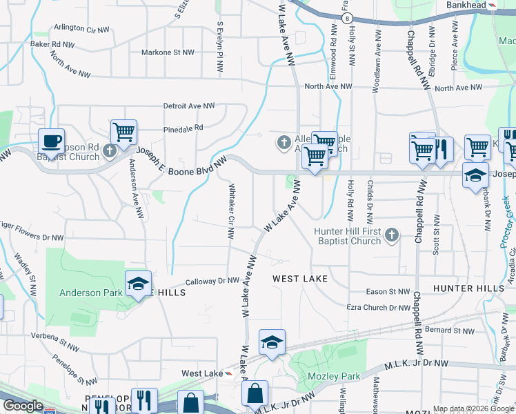 map of restaurants, bars, coffee shops, grocery stores, and more near 250 Richardson Road Northwest in Atlanta