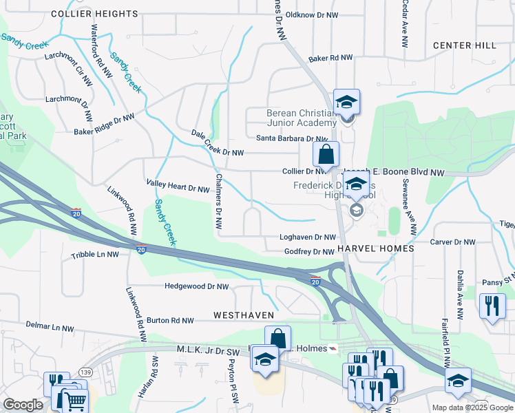 map of restaurants, bars, coffee shops, grocery stores, and more near 257 East Simon Terrace Northwest in Atlanta