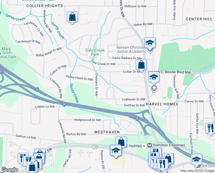 map of restaurants, bars, coffee shops, grocery stores, and more near 214 Simon Terrace Northwest in Atlanta