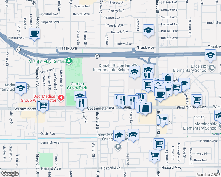 map of restaurants, bars, coffee shops, grocery stores, and more near 9632 Mansor Avenue in Garden Grove