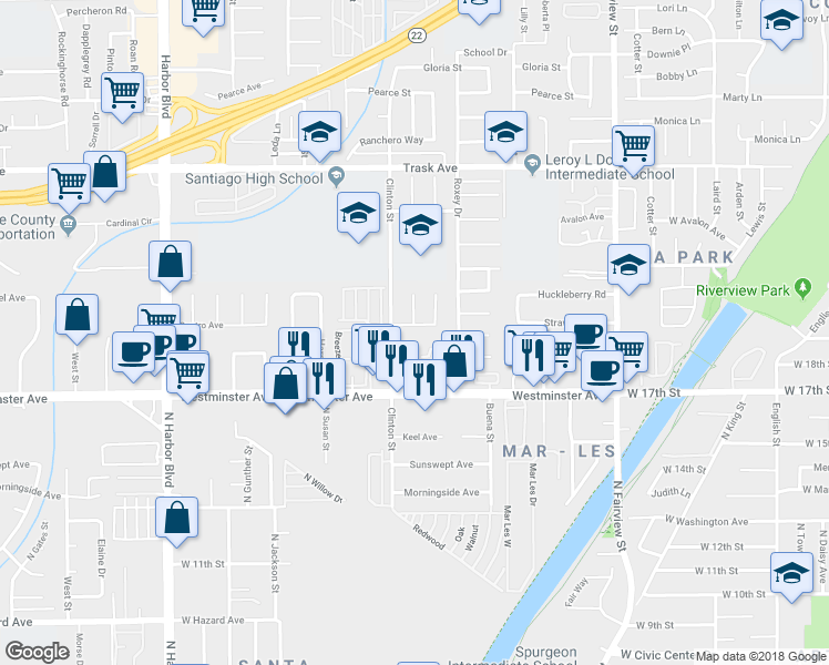 map of restaurants, bars, coffee shops, grocery stores, and more near 12552 Tours Avenue in Garden Grove