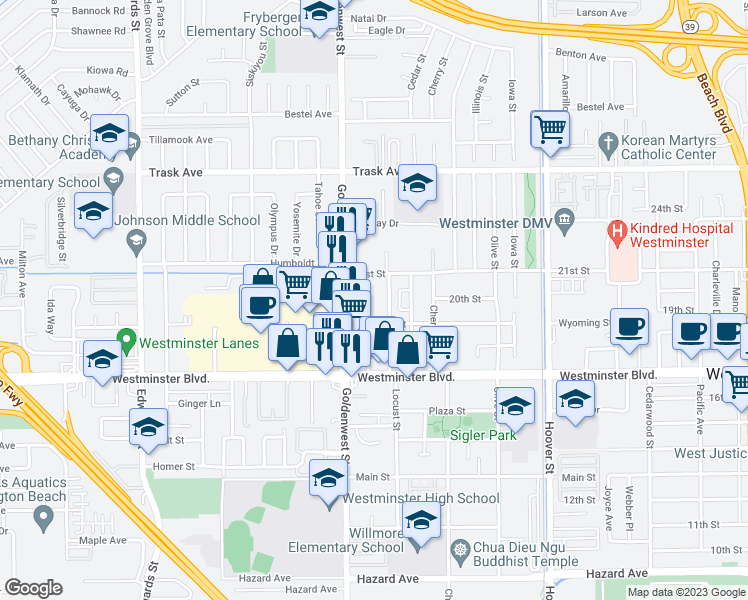 map of restaurants, bars, coffee shops, grocery stores, and more near 13771 Pine Street in Westminster