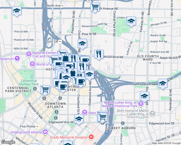 map of restaurants, bars, coffee shops, grocery stores, and more near 254 Piedmont Avenue Northeast in Atlanta