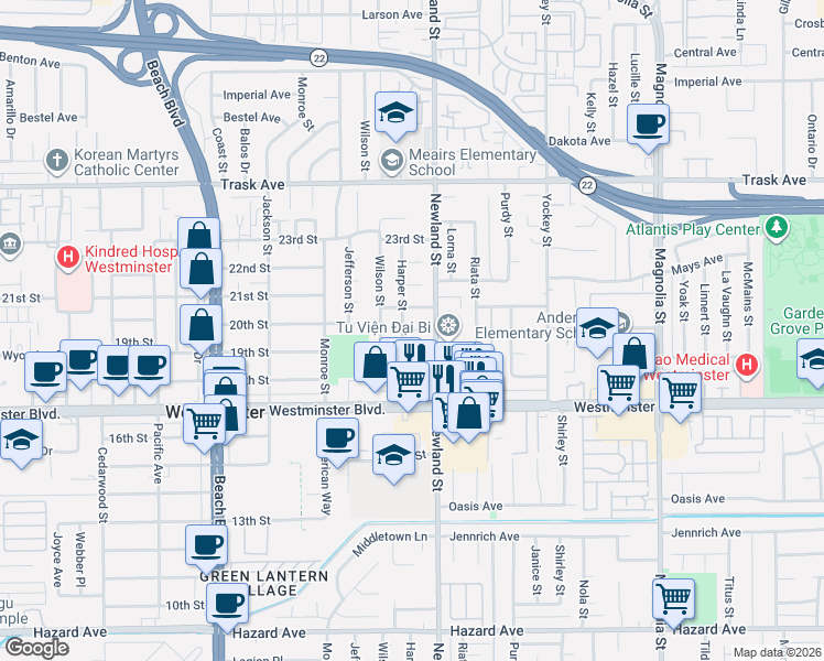 map of restaurants, bars, coffee shops, grocery stores, and more near 8452 20th Place in Westminster
