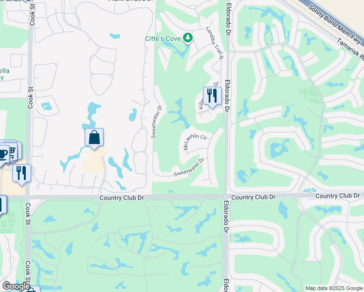map of restaurants, bars, coffee shops, grocery stores, and more near 75720 McLachlin Circle in Palm Desert