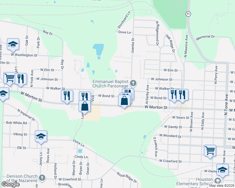 map of restaurants, bars, coffee shops, grocery stores, and more near 2011 West Bond Street in Denison