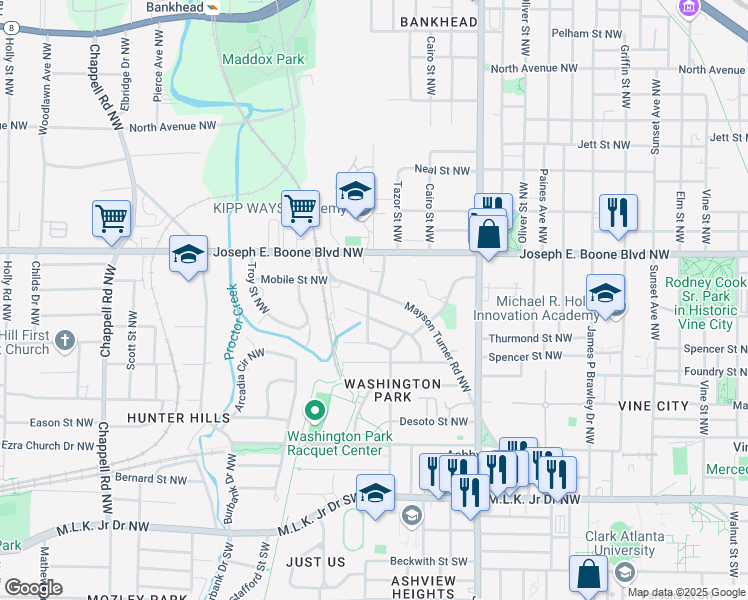 map of restaurants, bars, coffee shops, grocery stores, and more near 1070 Mayson Turner Road Northwest in Atlanta