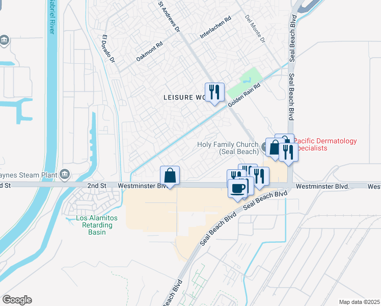 map of restaurants, bars, coffee shops, grocery stores, and more near Merion Way in Seal Beach