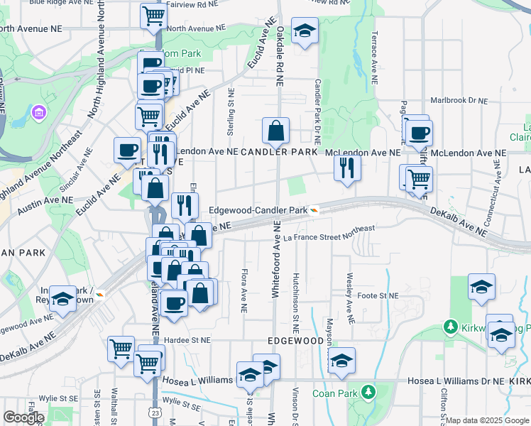 map of restaurants, bars, coffee shops, grocery stores, and more near 1376 DeKalb Avenue Northeast in Atlanta