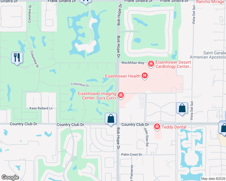 map of restaurants, bars, coffee shops, grocery stores, and more near 10 Colgate Drive in Rancho Mirage