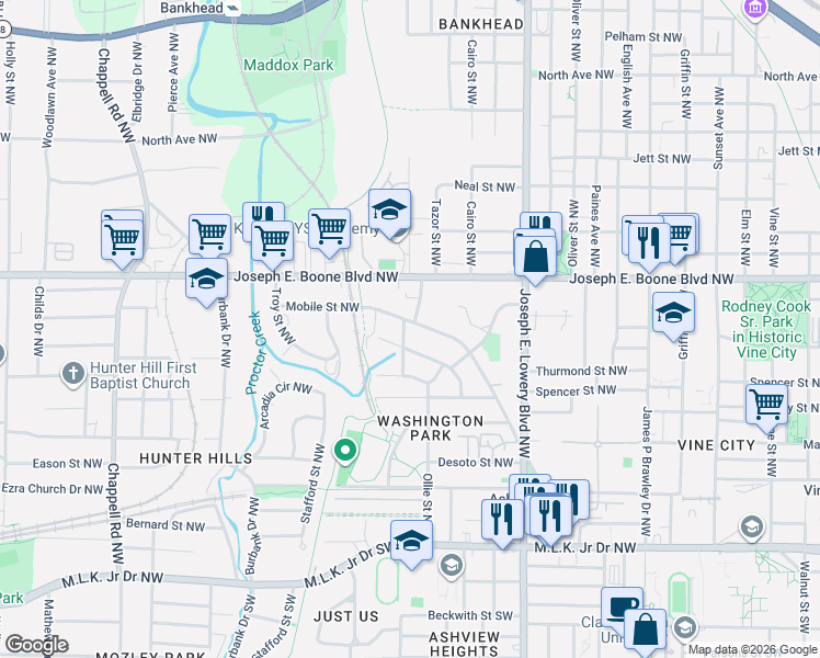 map of restaurants, bars, coffee shops, grocery stores, and more near 1070 Mayson Turner Road Northwest in Atlanta