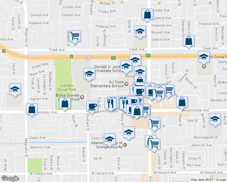 map of restaurants, bars, coffee shops, grocery stores, and more near 13821 Cork Street in Garden Grove