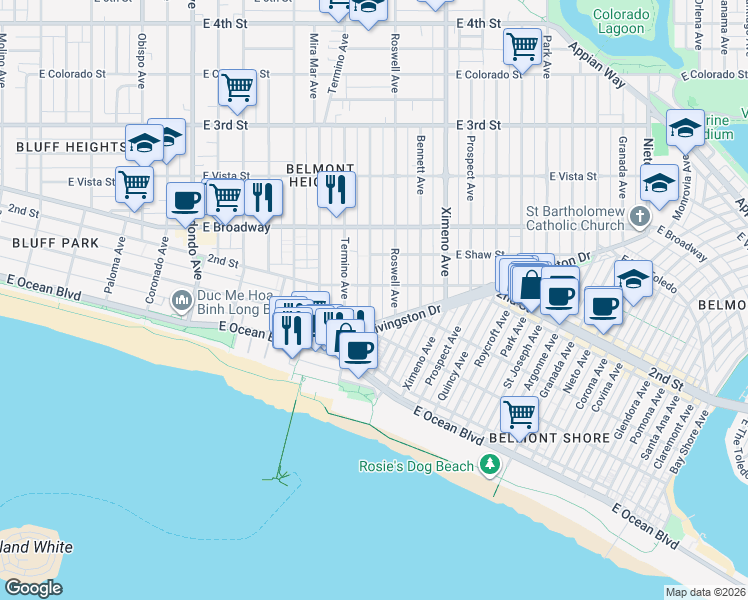 map of restaurants, bars, coffee shops, grocery stores, and more near 122 Belmont Avenue in Long Beach