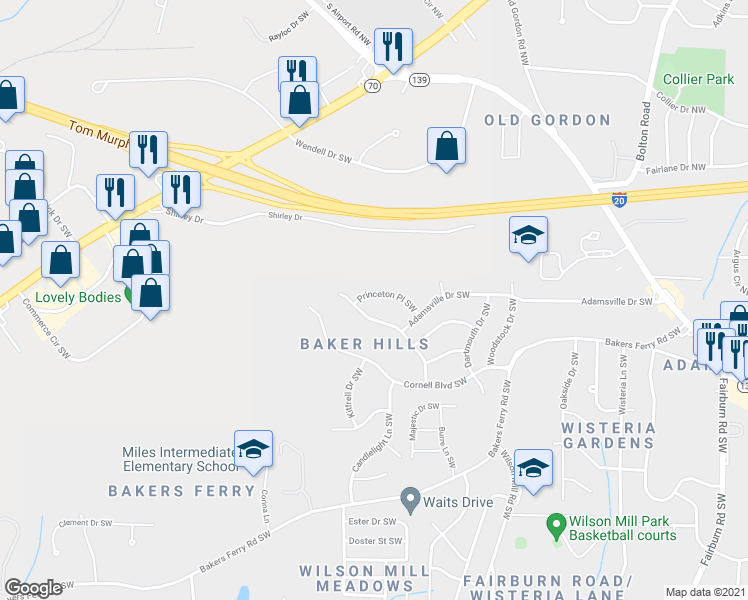 map of restaurants, bars, coffee shops, grocery stores, and more near 4054 Princeton Pl SW in Atlanta