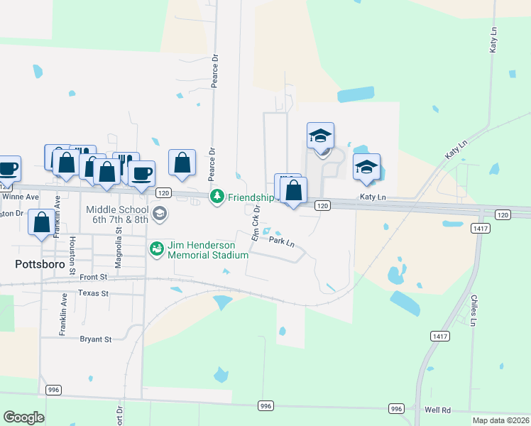 map of restaurants, bars, coffee shops, grocery stores, and more near 682 E Fm 120 in Pottsboro