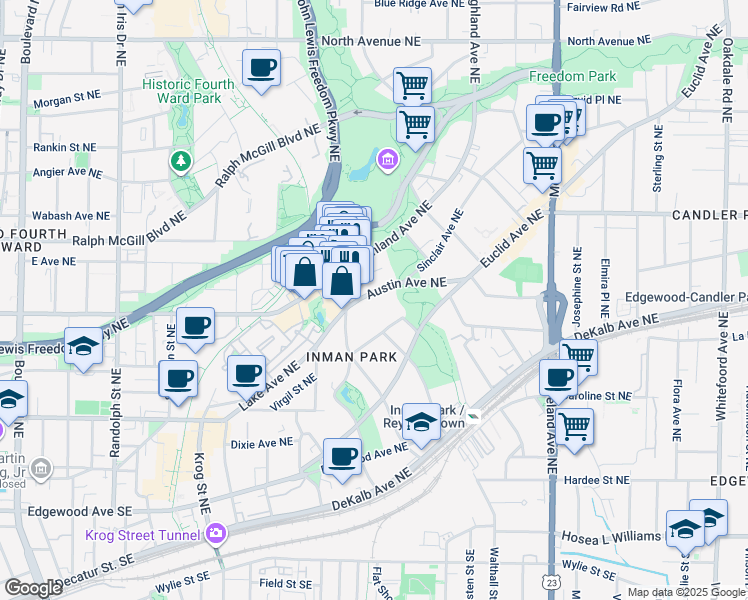map of restaurants, bars, coffee shops, grocery stores, and more near 929 Austin Avenue Northeast in Atlanta