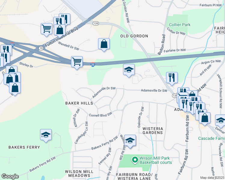 map of restaurants, bars, coffee shops, grocery stores, and more near 3920 Adamsville Drive Southwest in Atlanta