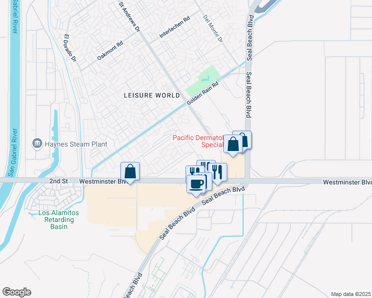 map of restaurants, bars, coffee shops, grocery stores, and more near 1661 Monterey Road in Seal Beach