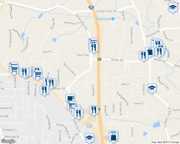 map of restaurants, bars, coffee shops, grocery stores, and more near 3831 Redan Road in Decatur