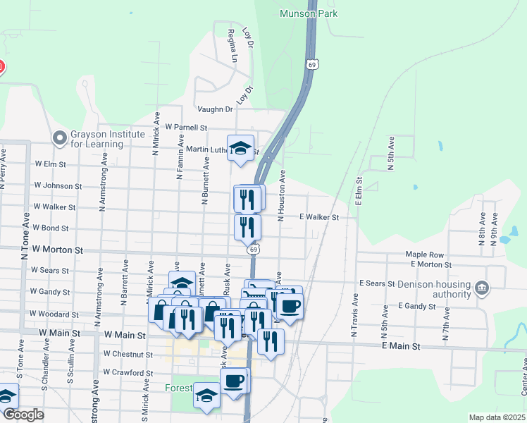 map of restaurants, bars, coffee shops, grocery stores, and more near 129 West Walker Street in Denison
