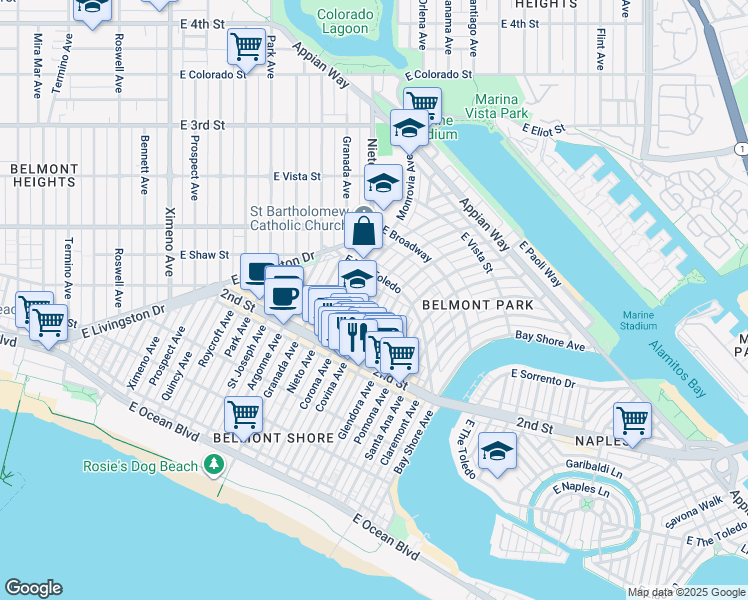 map of restaurants, bars, coffee shops, grocery stores, and more near 245 Covina Avenue in Long Beach