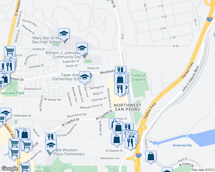 map of restaurants, bars, coffee shops, grocery stores, and more near Barrywood Avenue in Los Angeles