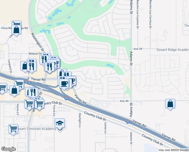 map of restaurants, bars, coffee shops, grocery stores, and more near 39348 Mirage Circle in Palm Desert