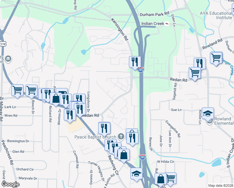 map of restaurants, bars, coffee shops, grocery stores, and more near 1116 Oakwood Manor Court in Decatur