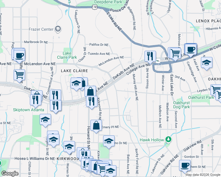 map of restaurants, bars, coffee shops, grocery stores, and more near 2051 College Avenue Northeast in Atlanta