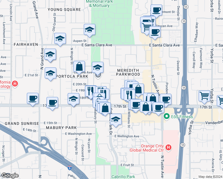 map of restaurants, bars, coffee shops, grocery stores, and more near 1919 Sherry Lane in Santa Ana